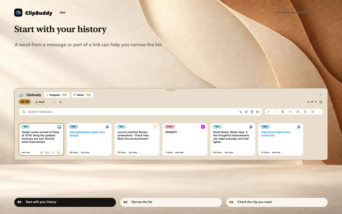 Clipboard walkthrough, beginning with start with your history.