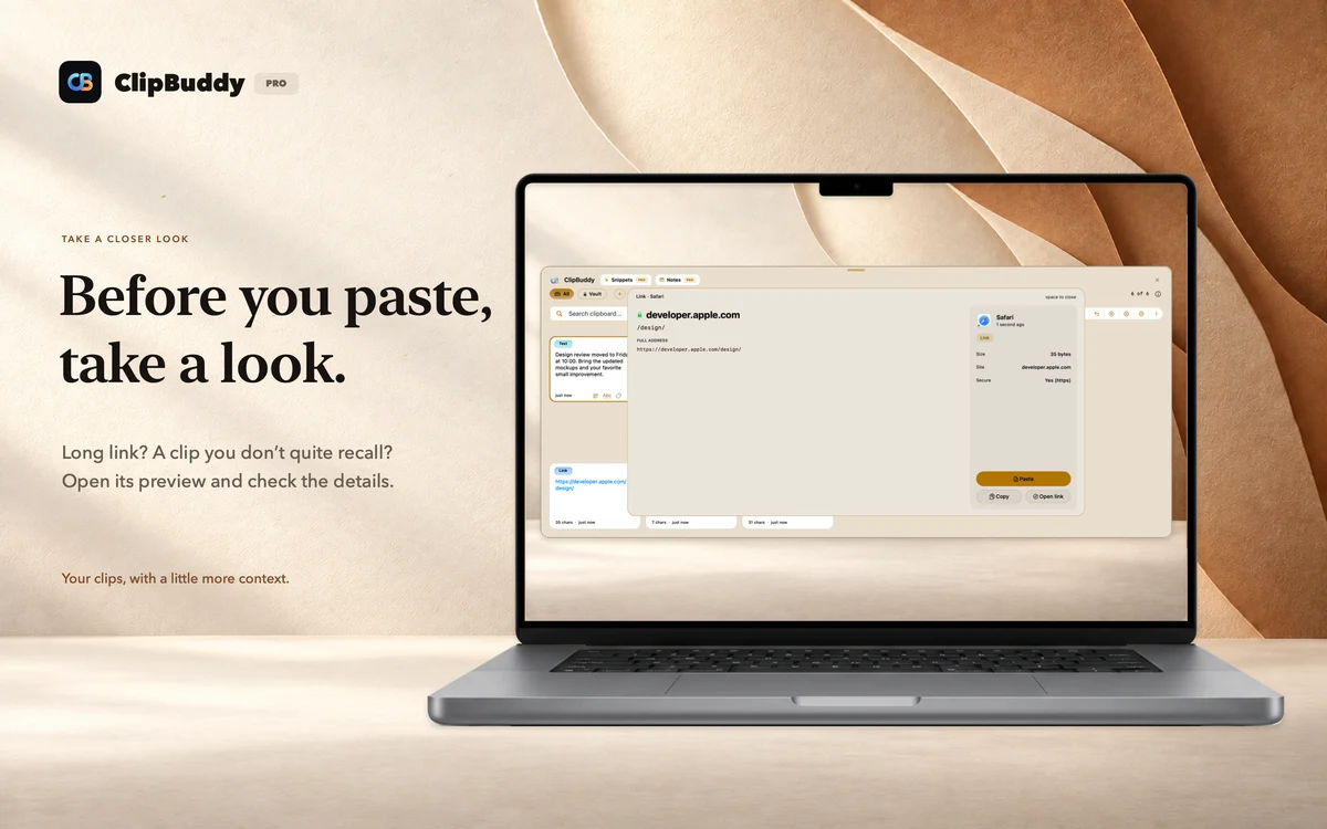 Before you paste, take a look. ClipBuddy clipboard on a straight photographic laptop.