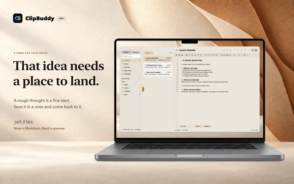 That idea needs a place to land. ClipBuddy notes on a straight photographic laptop.