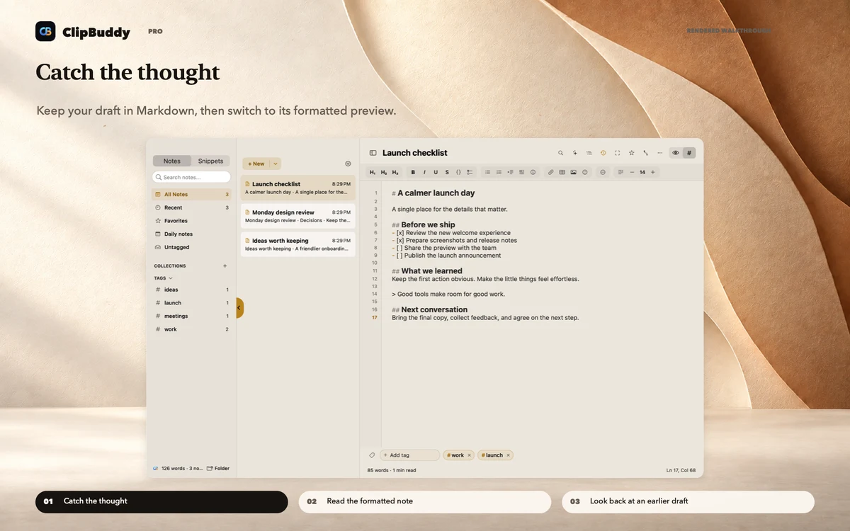 Notes walkthrough, beginning with catch the thought.