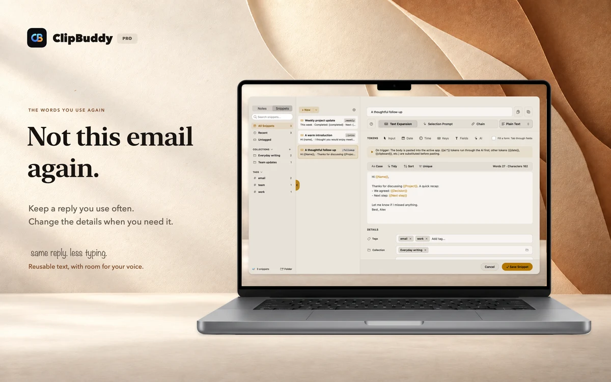 Not this email again. ClipBuddy snippets on a straight photographic laptop.