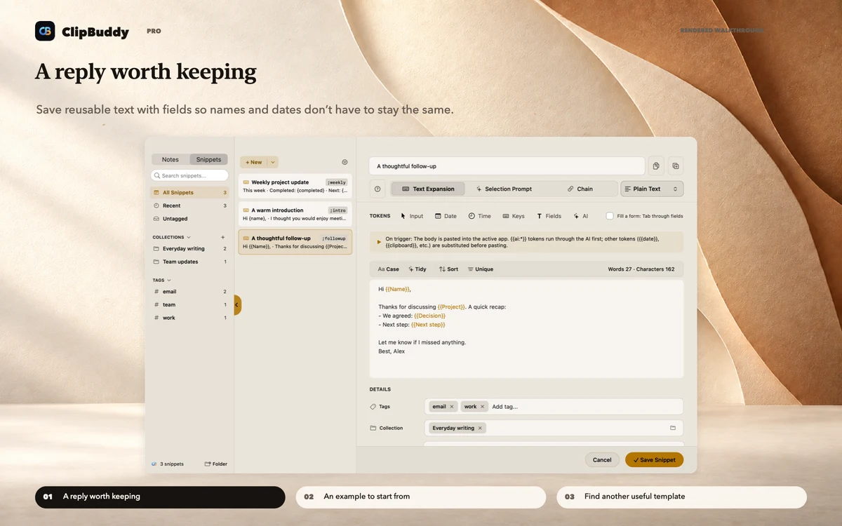 Snippets walkthrough, beginning with a reply worth keeping.