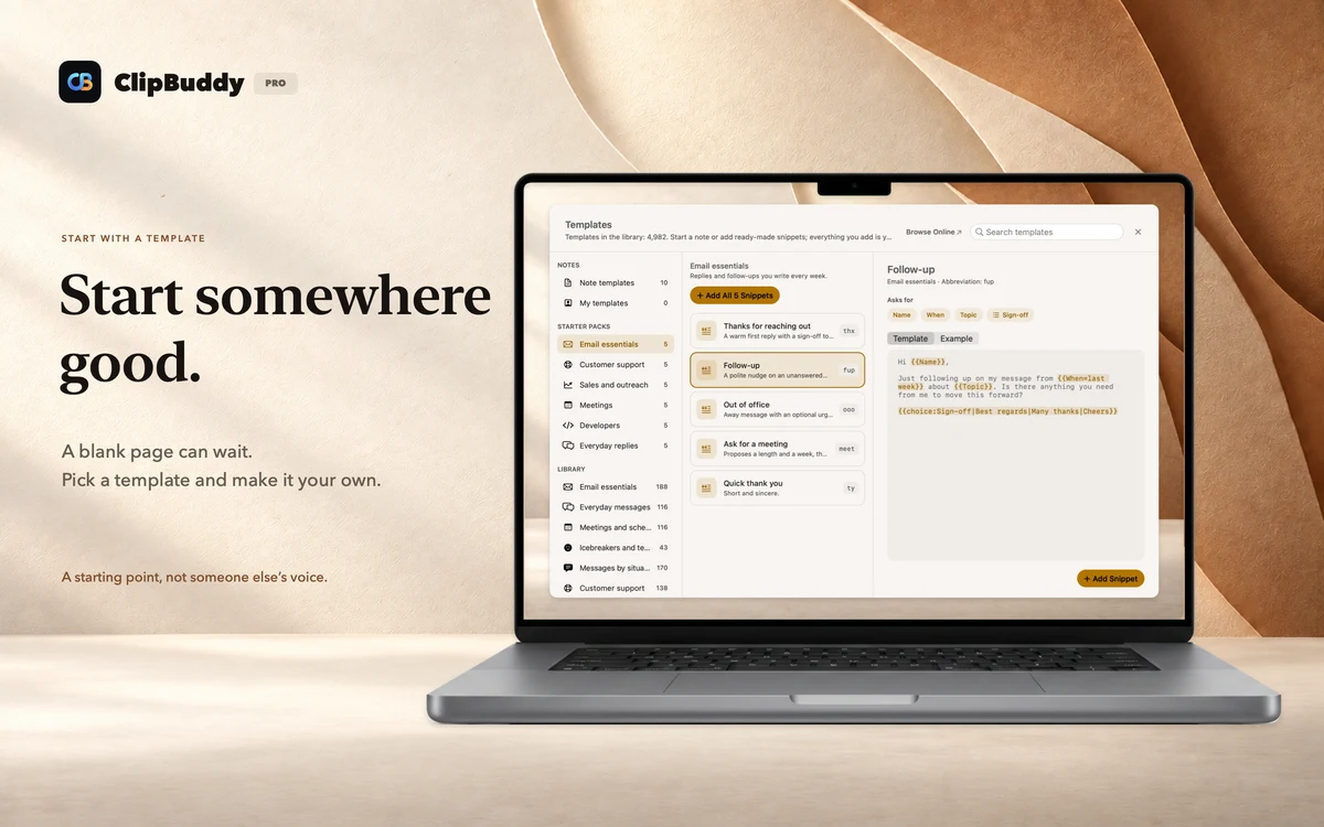 Start somewhere good. ClipBuddy snippets on a straight photographic laptop.