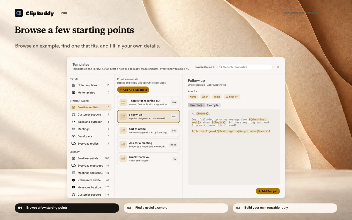 Snippets walkthrough, beginning with browse a few starting points.