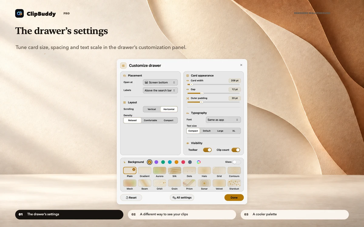 Appearance walkthrough, beginning with the drawer’s settings.
