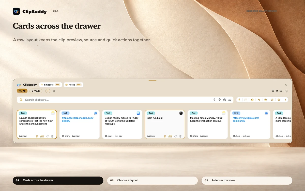 Appearance walkthrough, beginning with cards across the drawer.