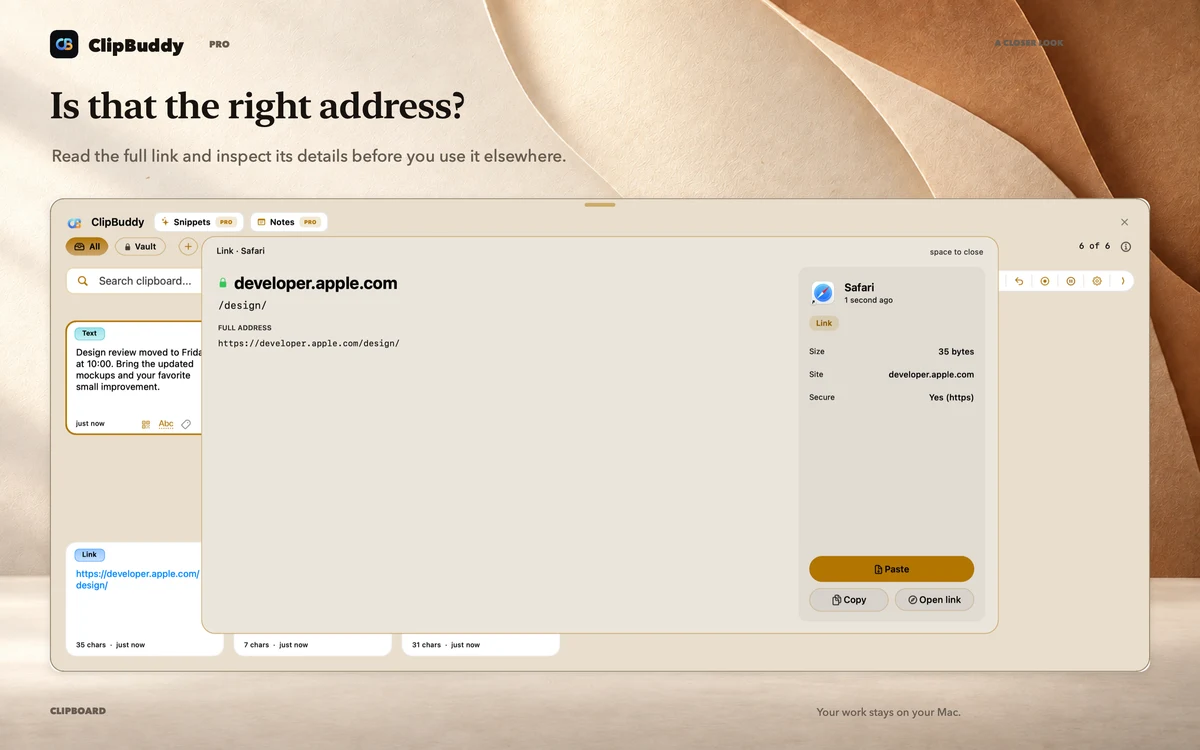 Is that the right address? ClipBuddy clipboard shown in a large native UI close-up.