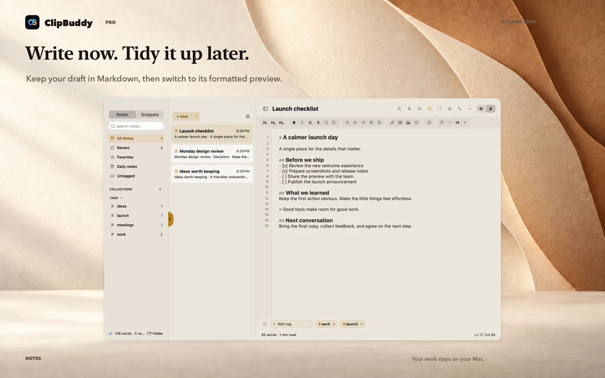 Write now. Tidy it up later. ClipBuddy notes shown in a large native UI close-up.