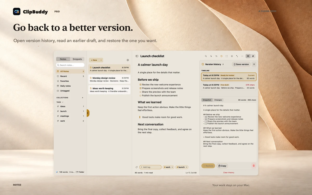 Go back to a better version. ClipBuddy notes shown in a large native UI close-up.