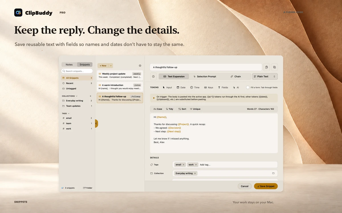 Keep the reply. Change the details. ClipBuddy snippets shown in a large native UI close-up.