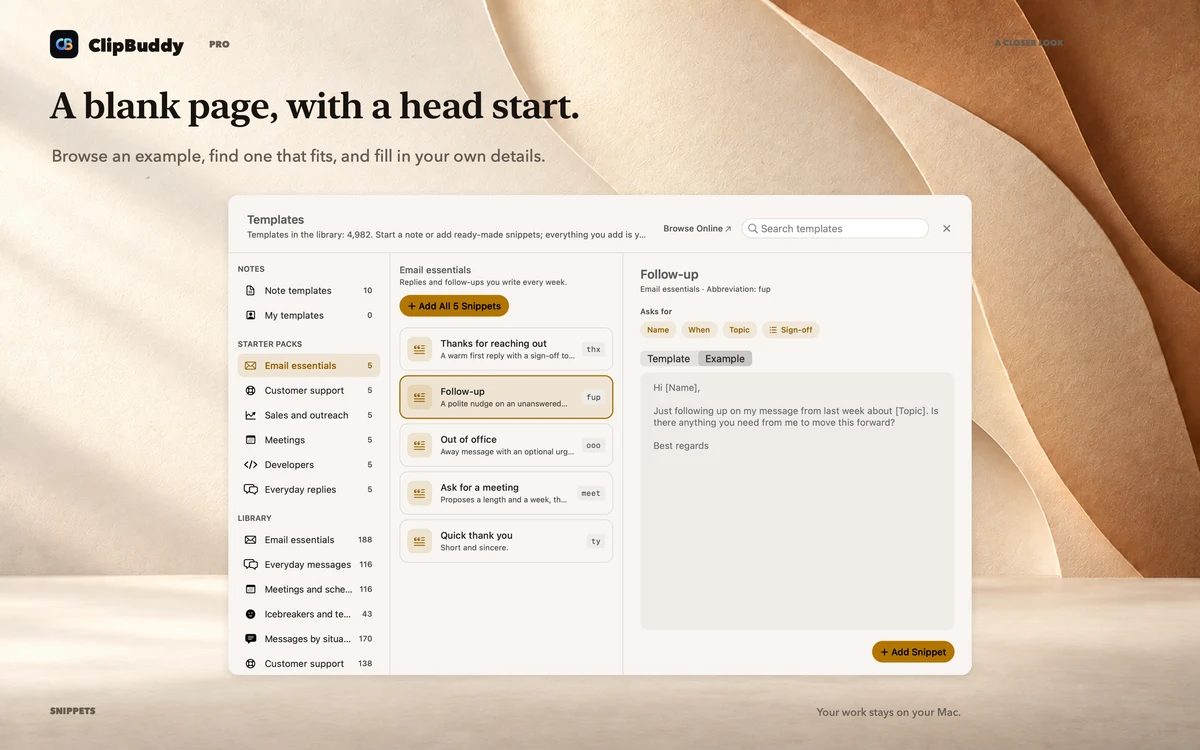 A blank page, with a head start. ClipBuddy snippets shown in a large native UI close-up.