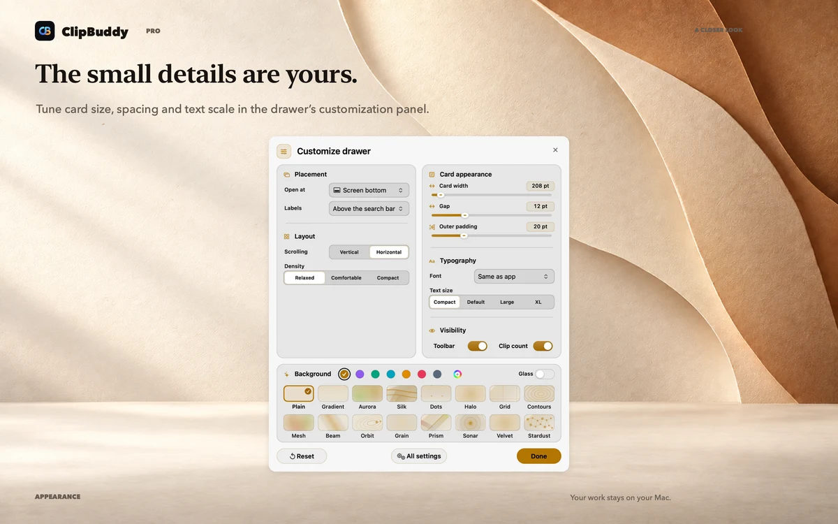 The small details are yours. ClipBuddy appearance shown in a large native UI close-up.
