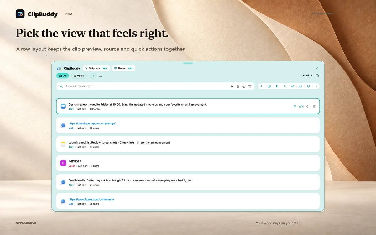 Pick the view that feels right. ClipBuddy appearance shown in a large native UI close-up.