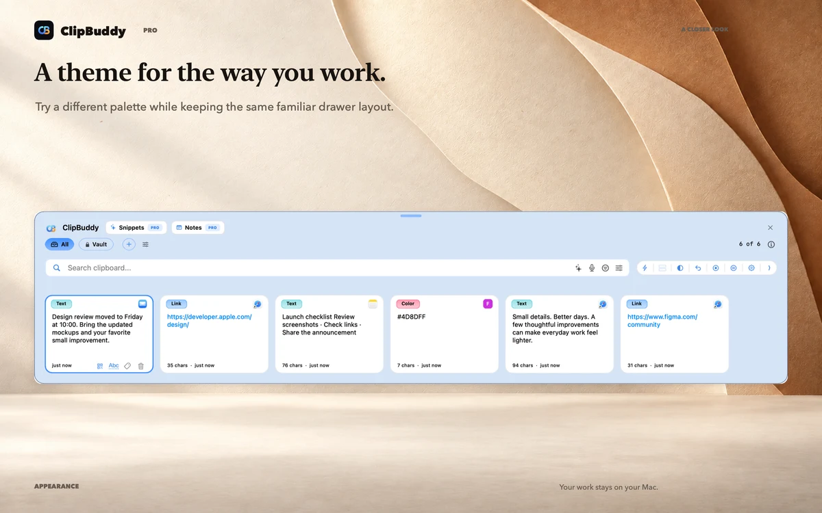 A theme for the way you work. ClipBuddy appearance shown in a large native UI close-up.