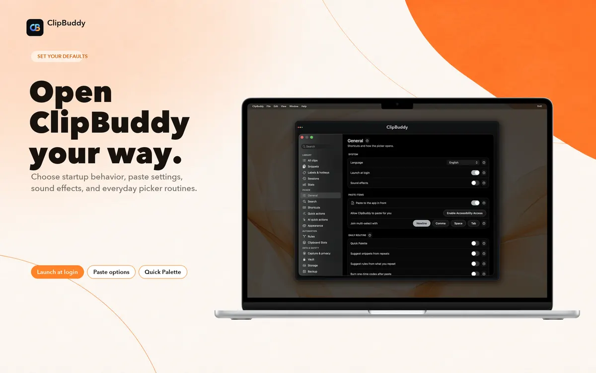 Set startup, paste behavior, sounds, and everyday picker routines.