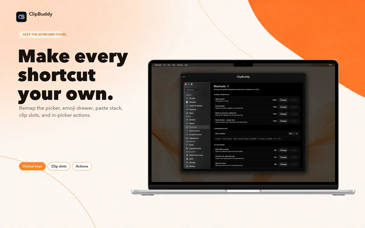 Remap the picker, emoji drawer, paste stack, slots, and actions.