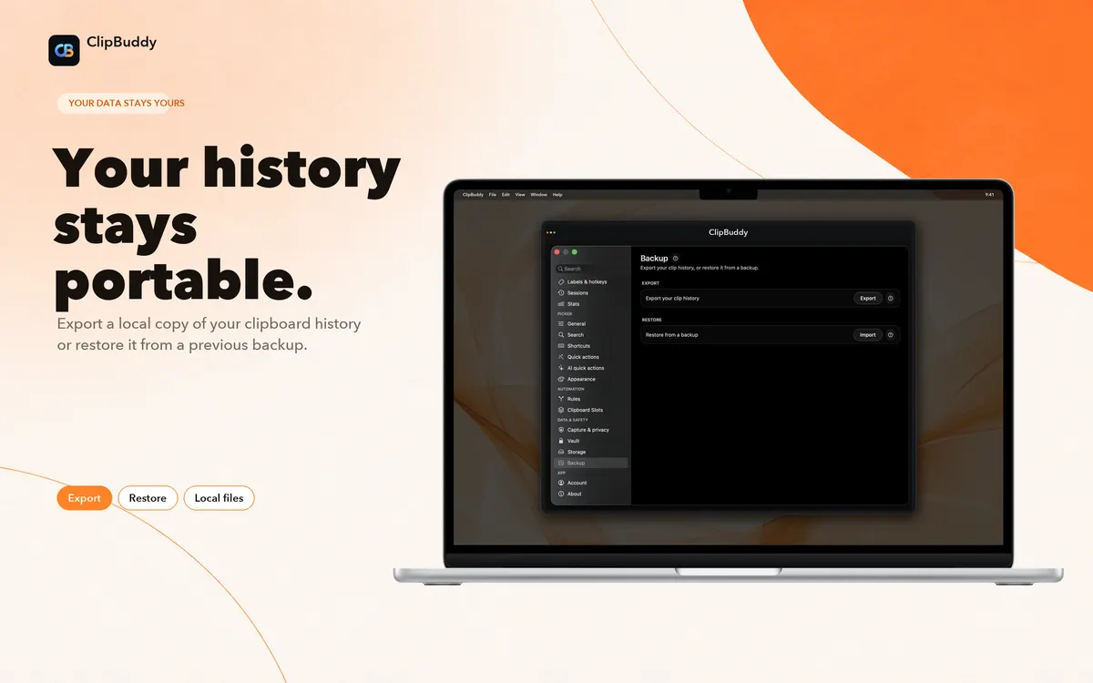 Export a local archive or restore it from a previous backup.