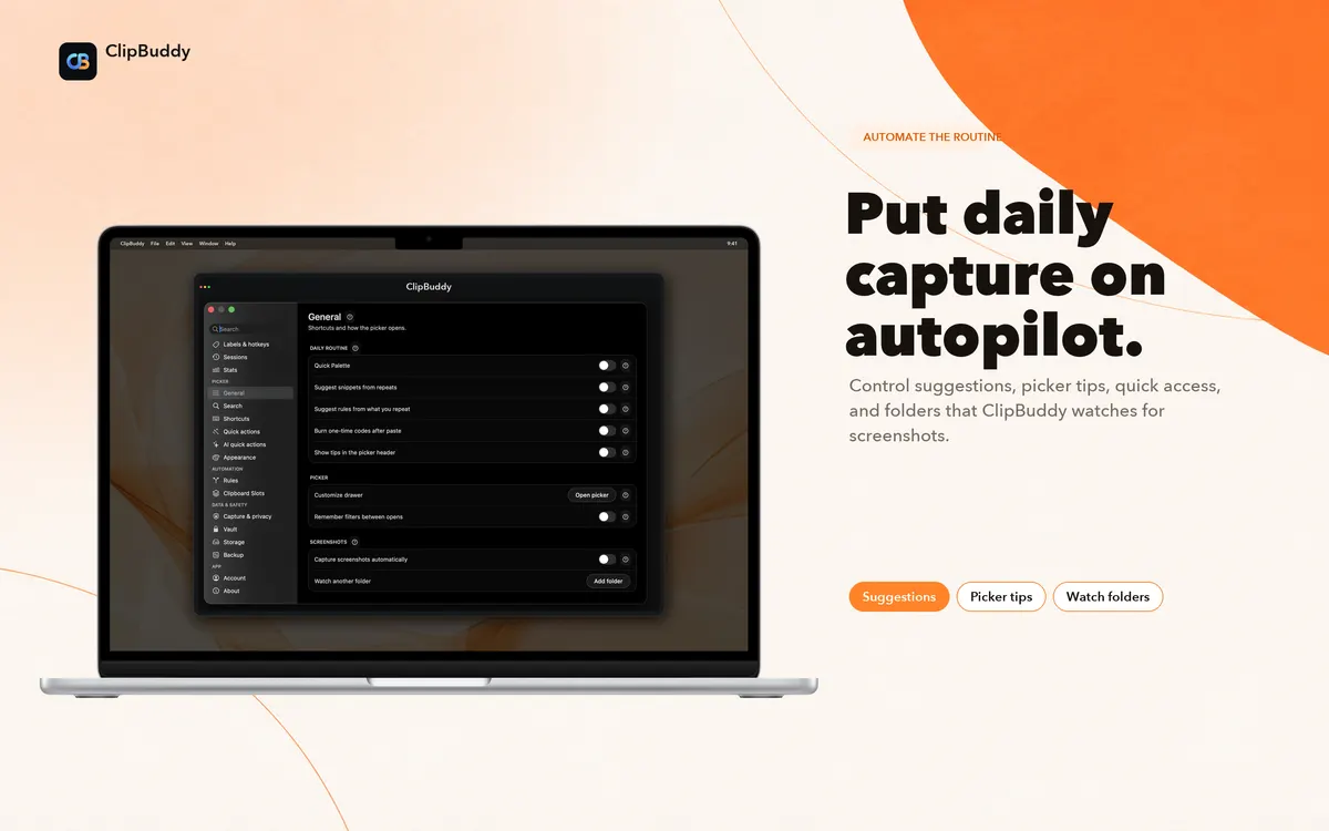 Control suggestions, picker tips, quick access, and watched folders.
