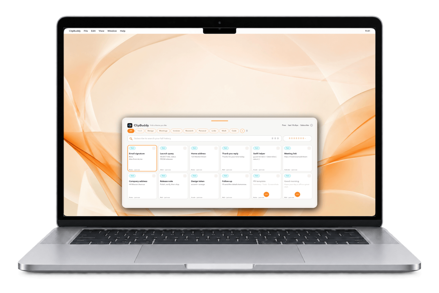 ClipBuddy clipboard manager running on a MacBook — searchable clipboard history